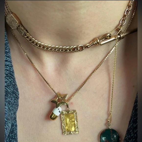 28.46 Gram Gold Filled Albert Chain with Dog Clip, T-Bar and Slide Charm- Flaw - Picture 3 of 17